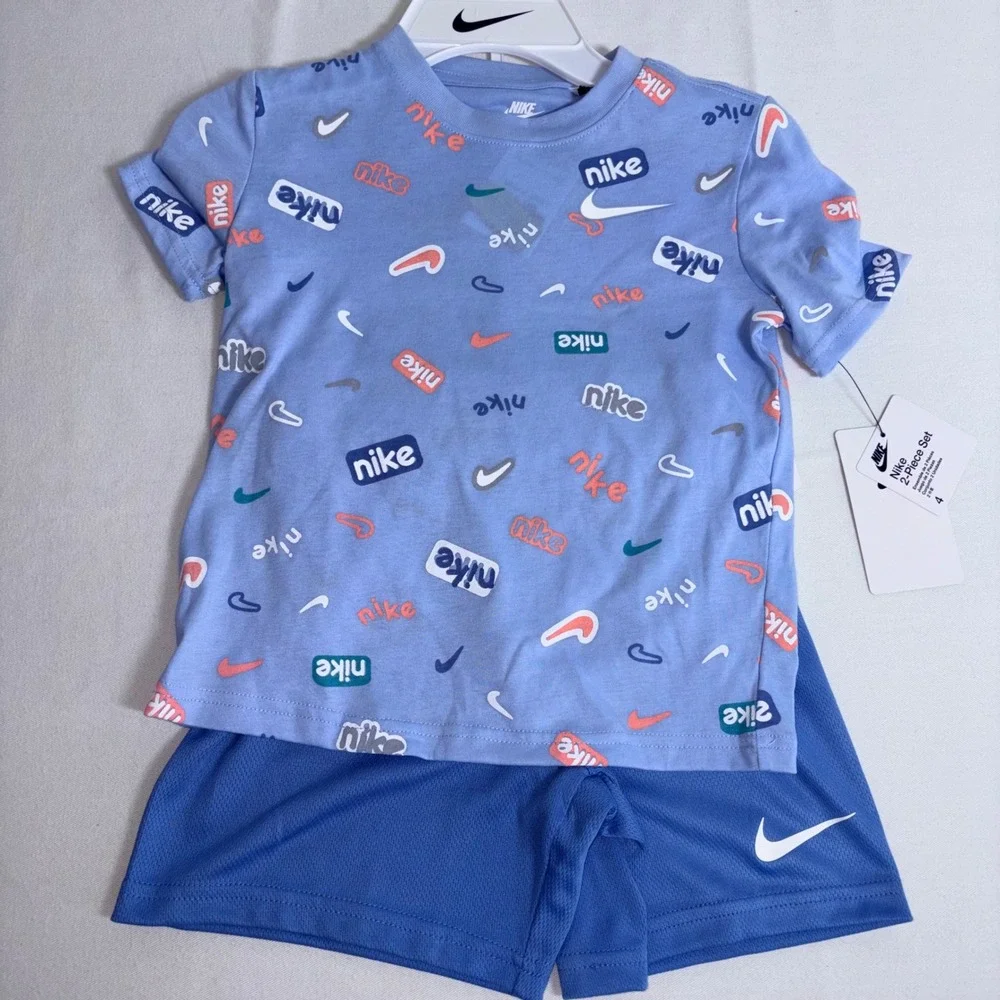 Nike 2-Piece Set 4 Blue Beyond NEW Logo Tee Mesh Shorts 86M858-UAV